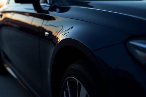 Same sedan with a glossy, mirror-like finish after paint correction